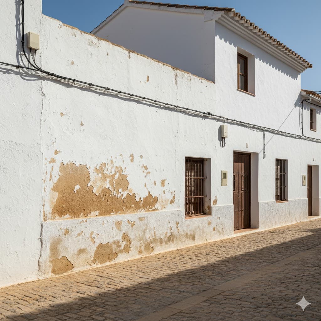 Traditional Spanish village house wall showing signs of damp damage - tide marks, peeling paint, and salt deposits indicating need for professional damp treatment in Axarquía