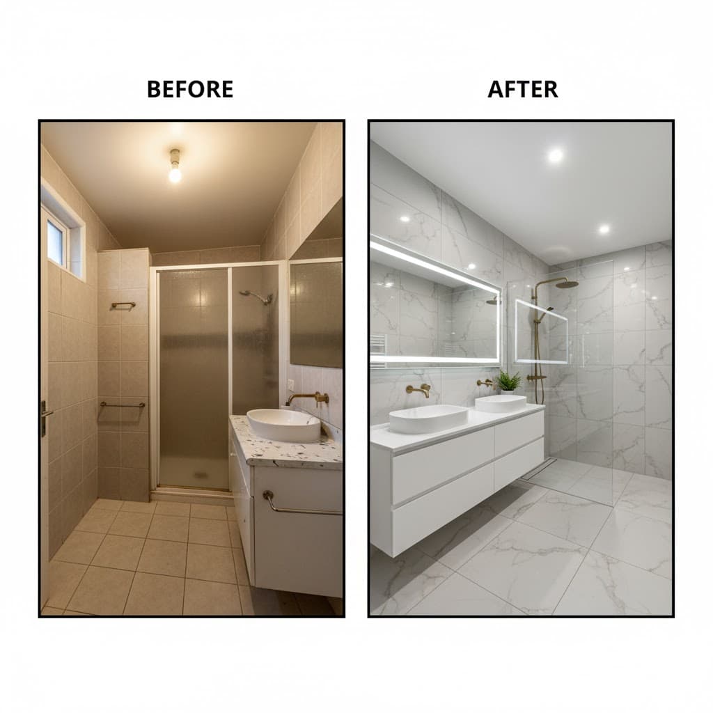 Master Ensuite - Nerja Master Ensuite - Nerja - Spacious ensuite bathroom with twin sinks, separate shower, quality materials throughout by English builder in Axarquía