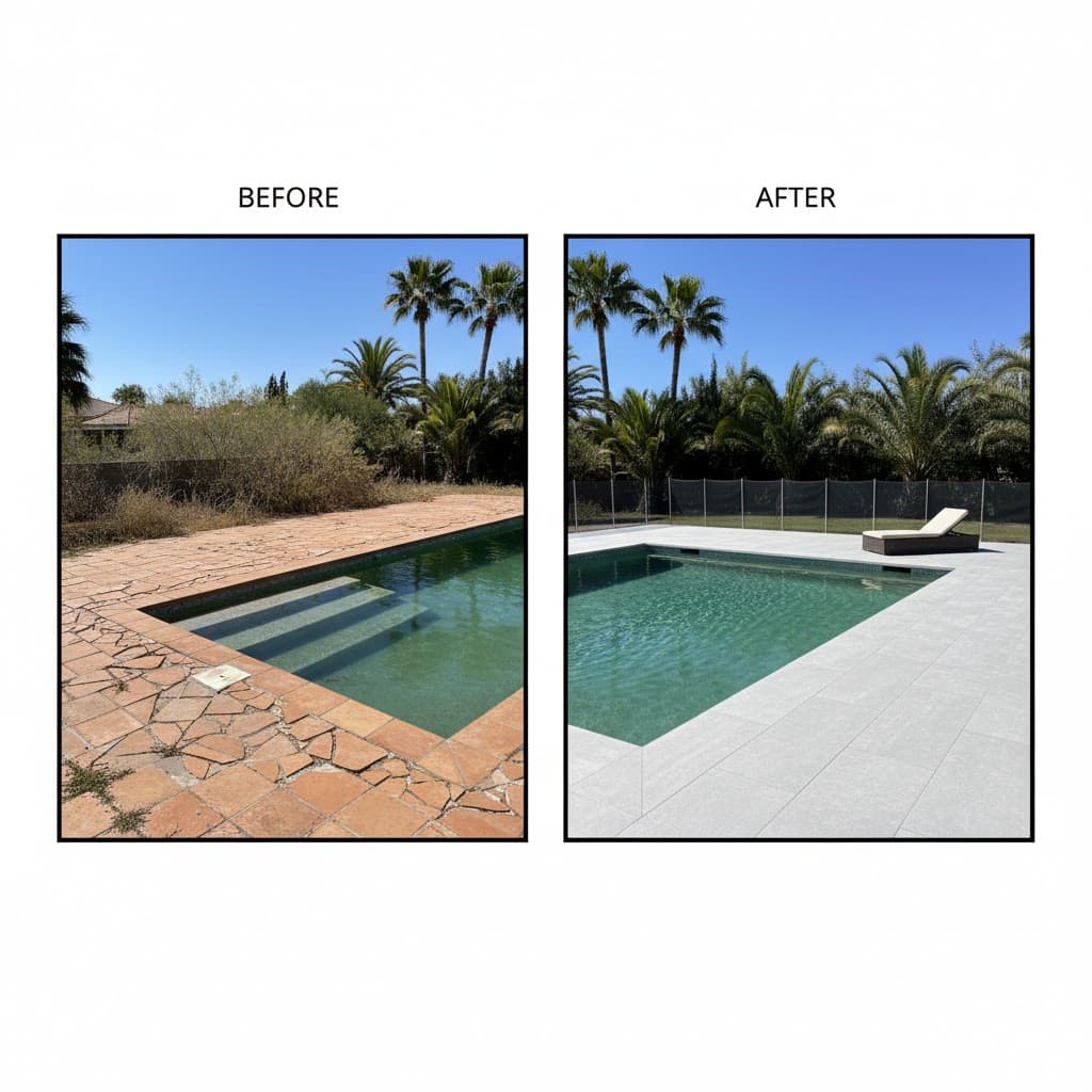 Pool Surround - Frigiliana Pool Surround - Frigiliana - Pool area tiling with safety and aesthetics balanced by English builder in Axarquía